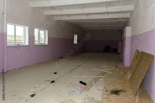 Internal terrible premises of the destroyed and abandoned building of the bakery. The structure of the times of the USSR. Ruin and vandalism.