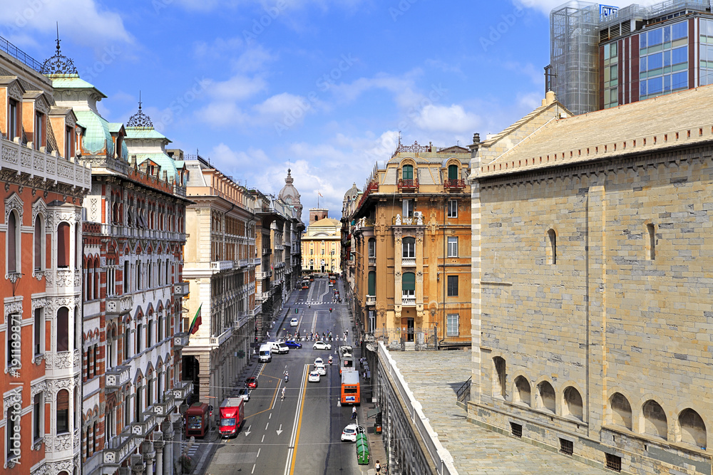 Genoa, Liguria / Italy - 2012/07/06: Via XX Settembre street - view towards the Piazza de Ferrari square