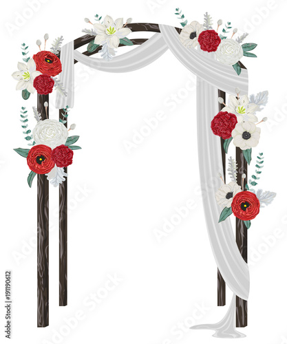 Beautiful wedding arch with flowers, leaves and branches. Vintage floral design. Vector illustration in watercolor style