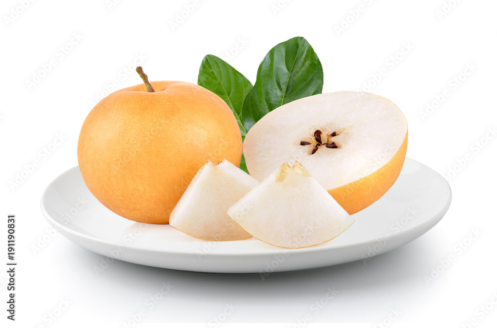 pear fruit in plate isolated on a white background