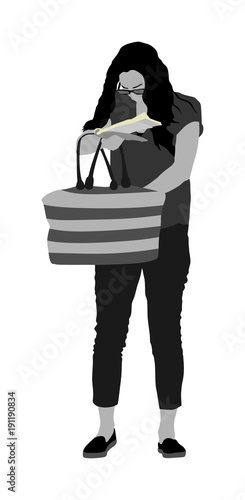 Woman looking for a wallet, keys on the bag, vector illustration. Stressful situation on street, loss of money. Tourist lady lost passport. Problems at the border. No payment card searching in bag.