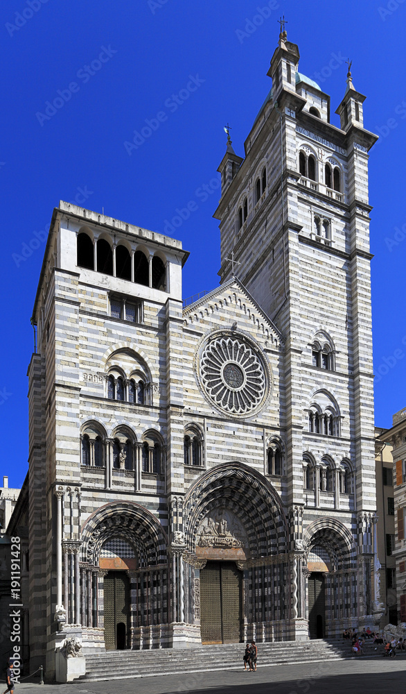 Genoa, Liguria / Italy - 2012/07/06: daylight view of Genoa cathedral church - Cathedral of Saint Lawrence