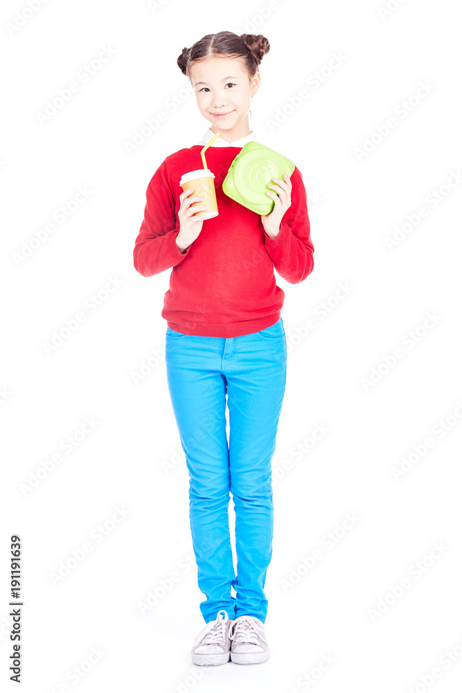 Portrait of cute Asian school girl holding lunch box and paper cup with soft drink isolated on white Portrait of cute Asian school girl holding lunch box and paper cup with soft drink isolated on white