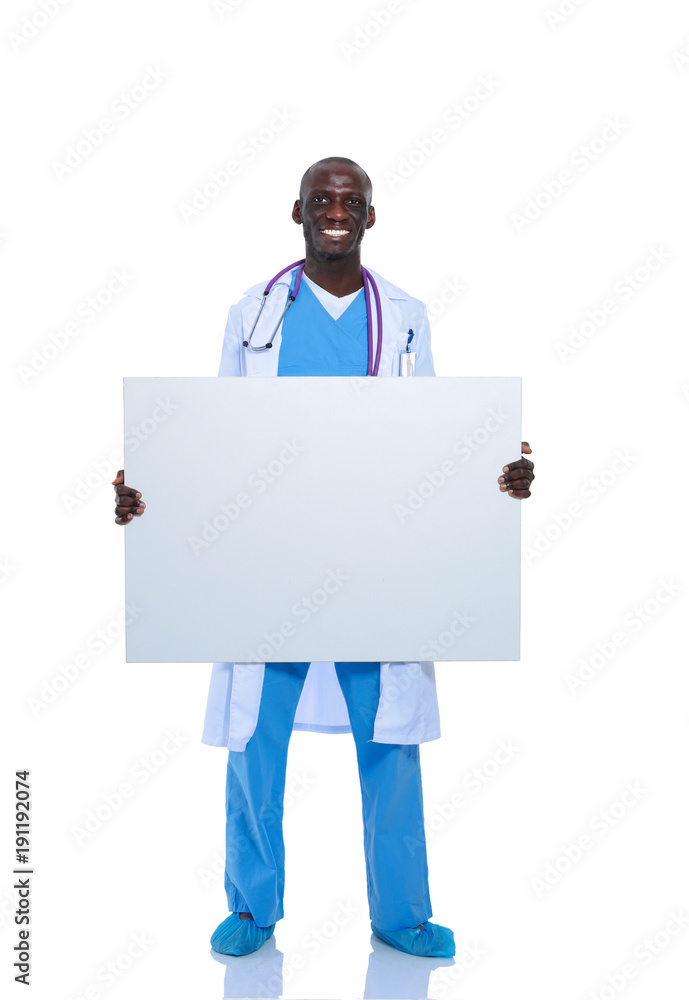Male doctor holding empty placard. Doctor. Billboard Male doctor holding empty placard. Doctor. Billboard