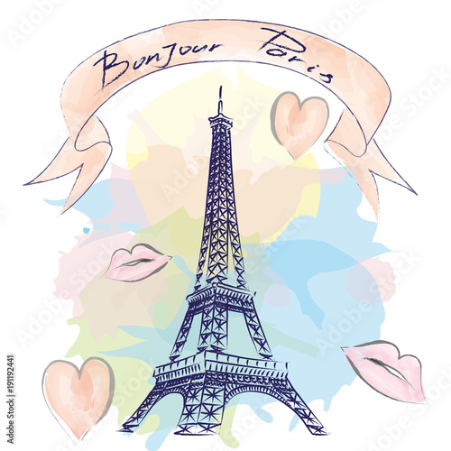 Bonjour Paris hand drawn vector lettering and Eiffer Tower. Modern calligraphy brush lettering. Bonjour Paris ink lettering. Design element for cards, banners, flyers.