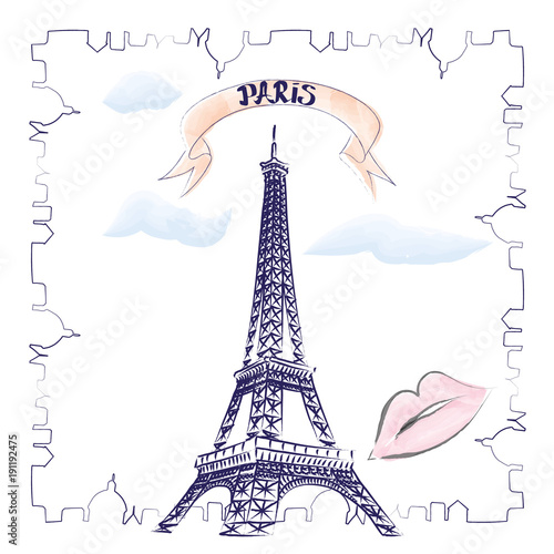 Paris hand drawn vector lettering and Eiffer Tower. Modern calligraphy brush lettering. Paris ink lettering. Design element for cards, banners, flyers.