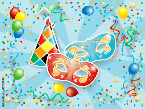 Party background with carnival masks, hat, balloons, streamers and confetti