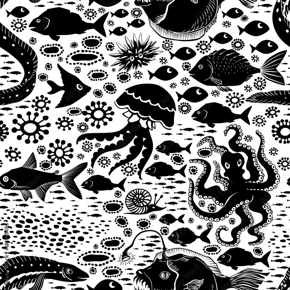 Obraz premium Doodle Seamless Cartoon underwater background.