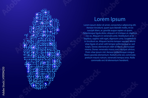 Map Qatar from printed board, chip and radio component with blue star space on the contour for banner, poster, greeting card, of vector illustration.