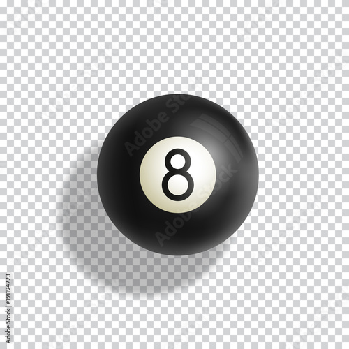 Billiards Eight Ball Realistic Vector Illustration. Green Pool Table Cloth with Black Sphere and Soft Shadows. Abstract Luck Symbol Card Template.