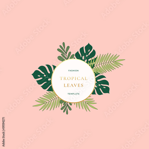 Monstera Palm Tropical Leaves Fashion Sign, Emblem, Card or Logo Template. Abstract Green Foliage with Round Banner, Golden Gradient Border and Classy Typography. Pink Pastel Colors.