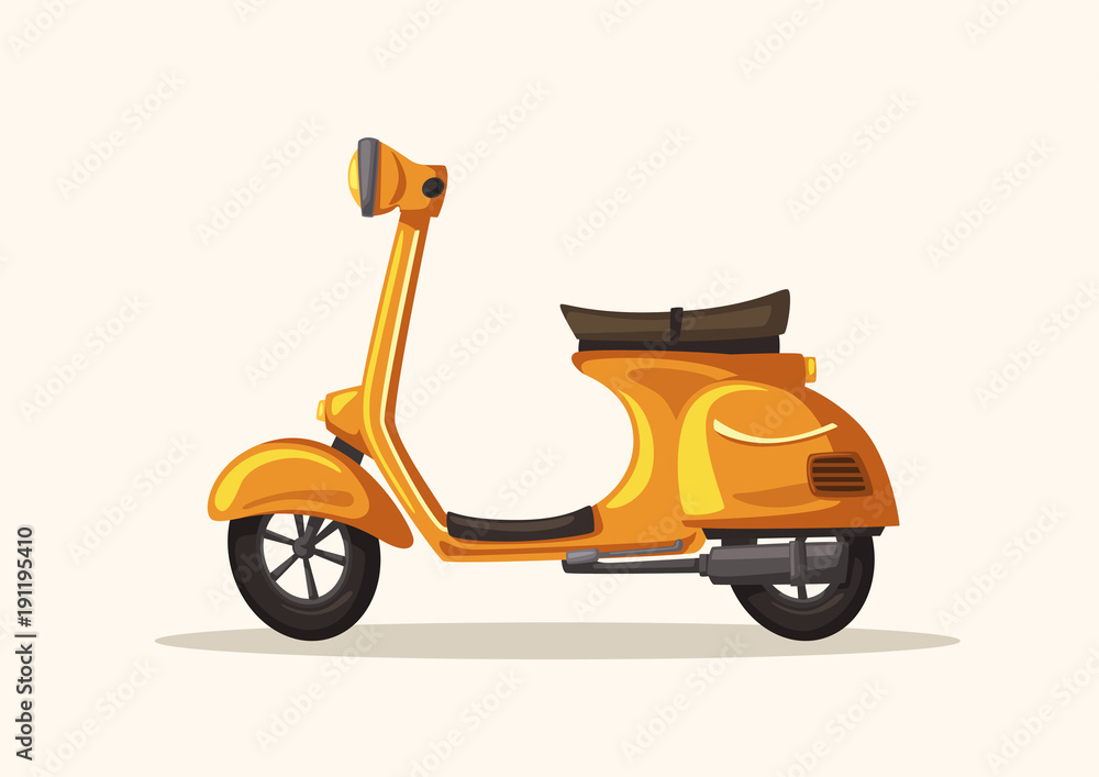 Yellow scooter. Retro bike. Vector cartoon illustration. Food service