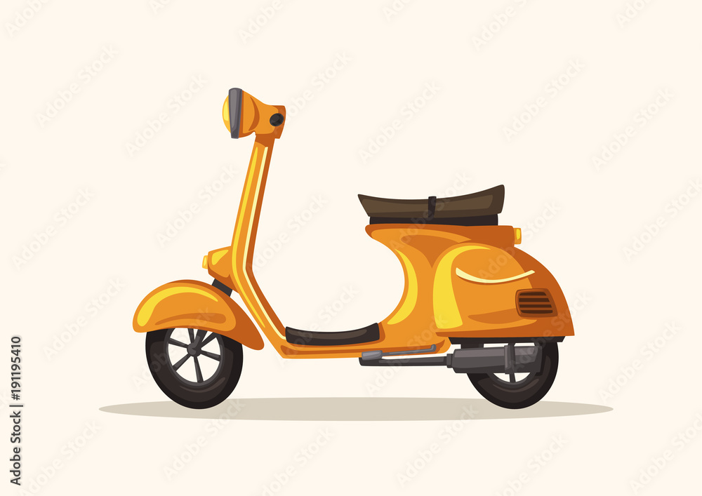 Yellow scooter. Retro bike. Vector cartoon illustration. Food service Yellow scooter. Retro bike. Vector cartoon illustration. Food service