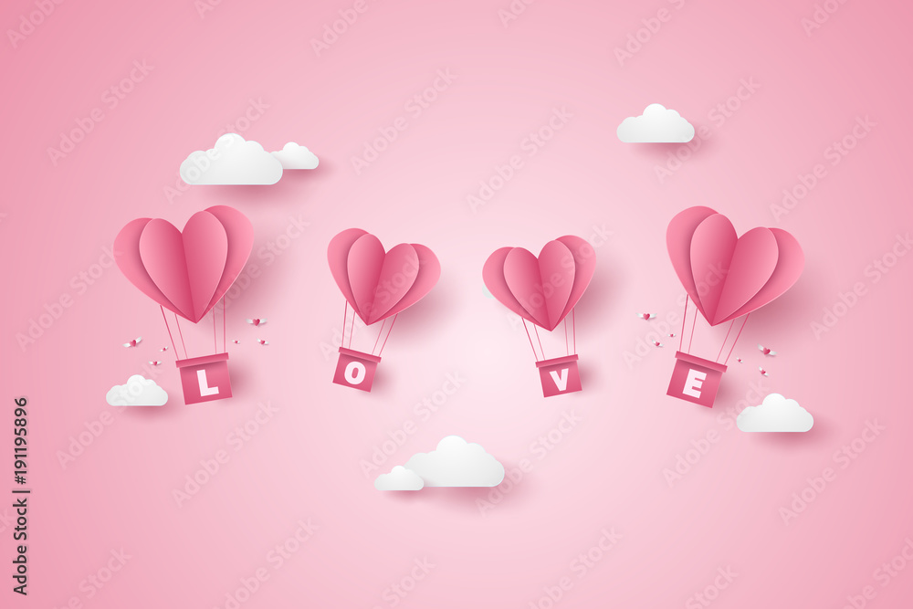 Valentines day, Illustration of love, pink heart hot air balloons flying in the blue sky, paper art style