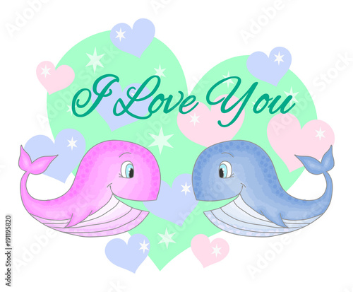 Cute cartoon whales with heart, I love you, vector illustration