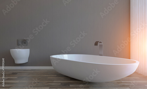 Clean and fresh bathroom with natural light. 3D rendering. .Sunset