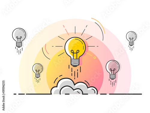 Set of light bulbs rocket launch with one glowing. Trendy flat vector light bulb icons with concept of idea on white background. 