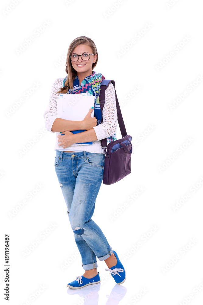 Portrait of young student woman holding exercise books. Student. University Portrait of young student woman holding exercise books. Student. University