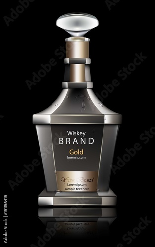 Realistic Whiskey bottle mock up Vector. Product packaging 3d ad. Black background. High quality Old drinks