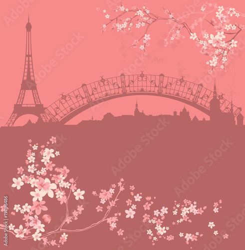 Wallpaper Mural spring Paris vector background - eiffel tower and city skyline among blooming flowers Torontodigital.ca