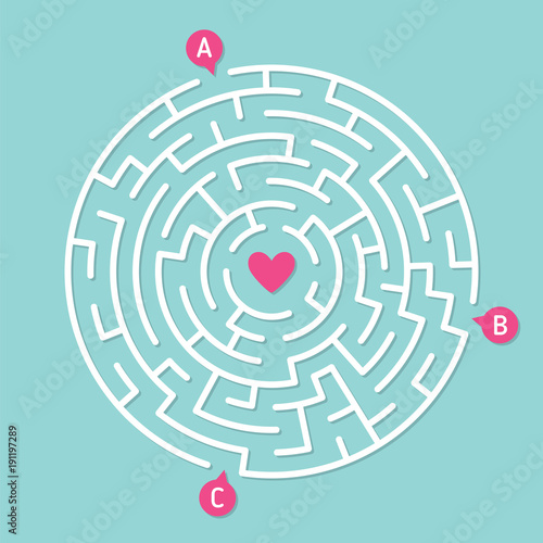 Round labyrinth maze game, find your path to heart. Concept of love