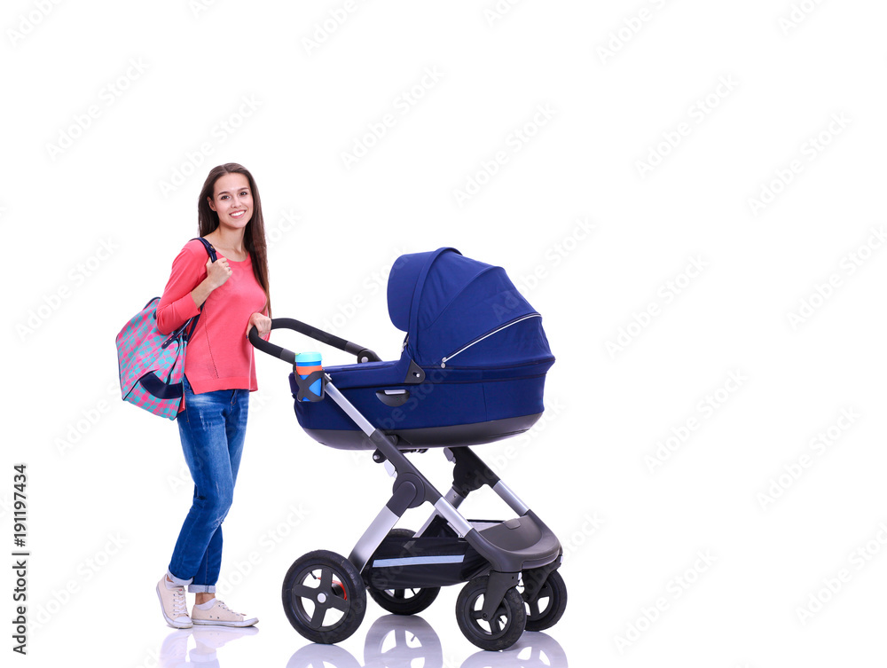 Full length portrait of a mother with a stroller, isolated on white background. Young mom Full length portrait of a mother with a stroller, isolated on white background. Young mom