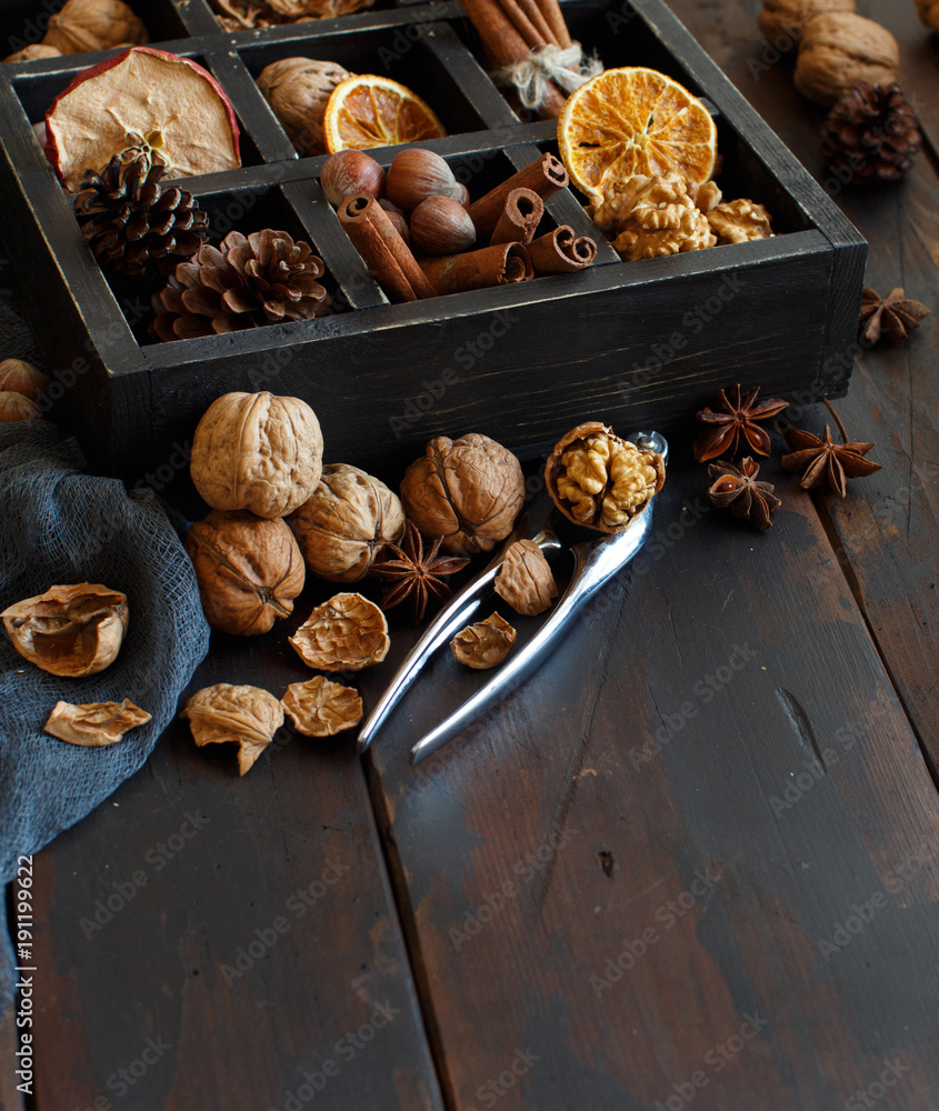 Fototapeta premium A box full of spices and nuts