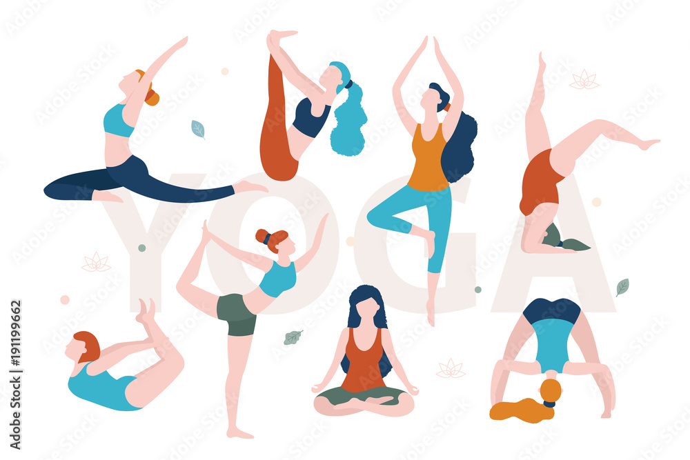 Yoga for women with any shape. Slim and overweight women doing yoga in  different poses vector flat illustration isolated on white background.  Stock Vector