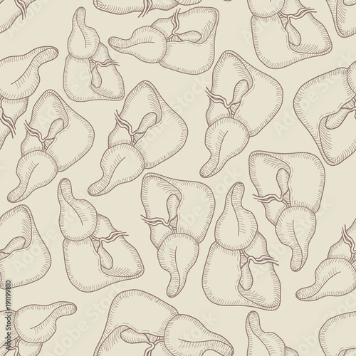 Sketch Ink Human liver, hand drawn seamless Pattern Background, Engraved Anatomical illustration. Vector