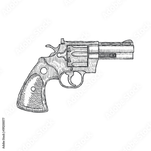 Hand Drawn Vintage Revolver Gun. Firearm, pistol sketch. Vector