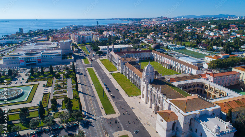 Surroundings of church and cloister of Mosteiro dos Jerónimos,Belém,Lisbon.The Jeronimos Monastery is National Pantheon,one of the important attractions of Portugal.Beautiful garden of Empire square