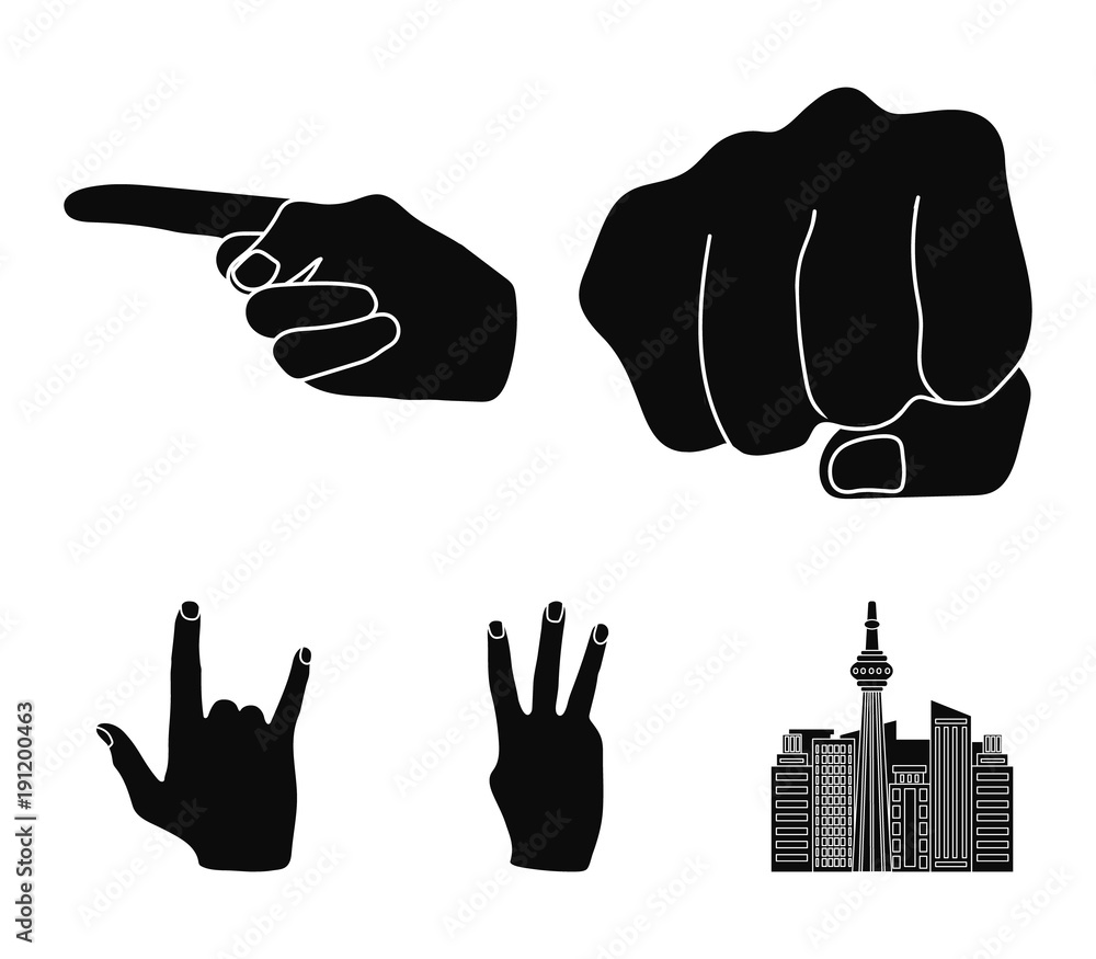 Closed fist, index, and other gestures. Hand gestures set collection