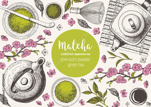 Matcha tea. Japanese traditions of tea ceremony. Vector illustration frame for Tea Shop. Vintage elements for design. Hand drawn sketch Illustration