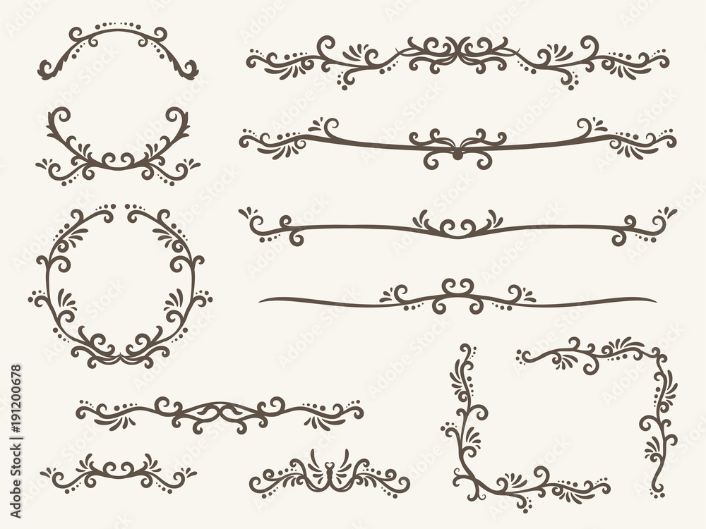 Fototapeta premium Vector illustration of decorative corner frame set - line, corner and circle frame