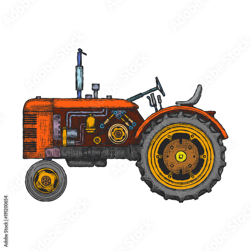 Vintage agricultural tractor, sketch. Hand drawn Vector