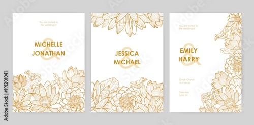 Bundle of wedding invitation card templates decorated with beautiful blooming lotus flowers, buds and leaves hand drawn with golden contour lines on white background. Natural vector illustration.