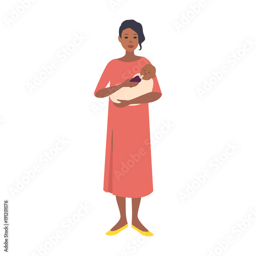 Mother bottle feeding baby. Young woman wearing long pink dress holding infant or newborn child. Cute flat female cartoon character isolated on white background. Colorful vector illustration