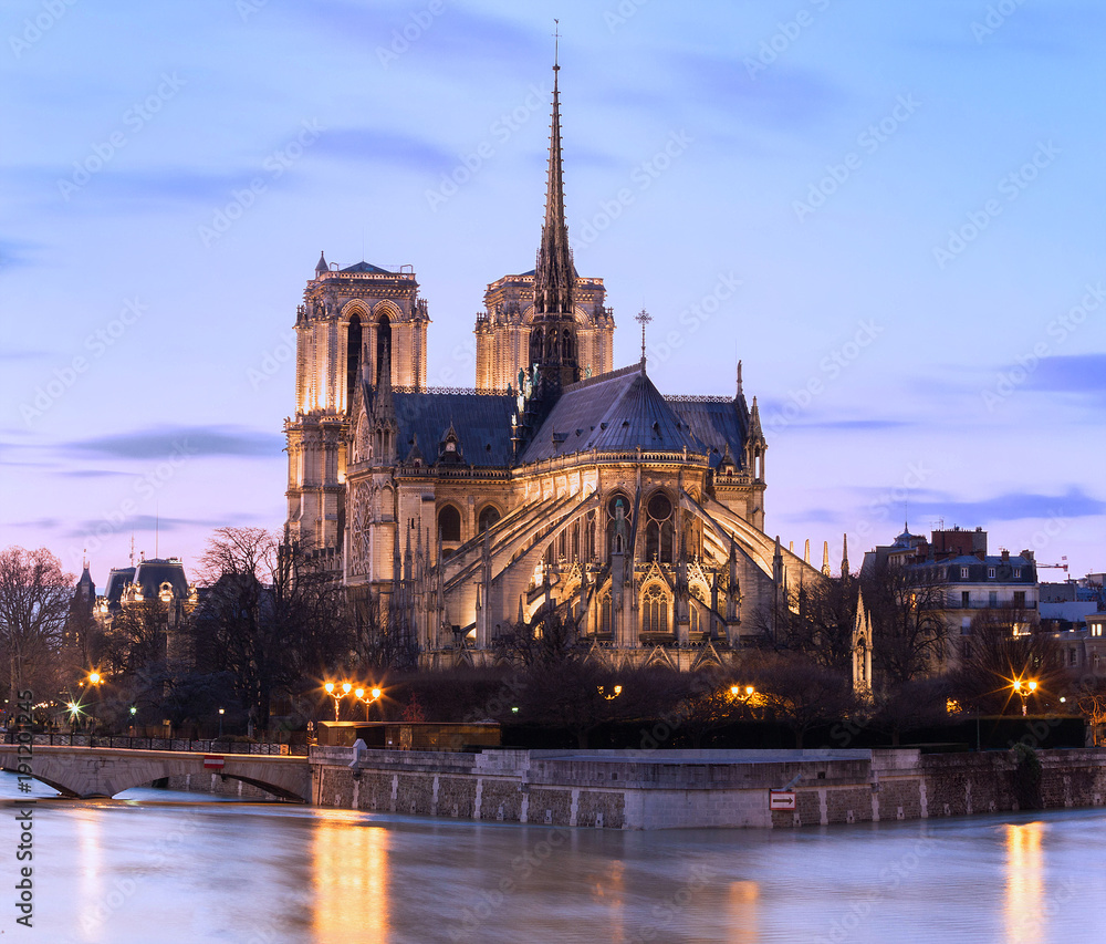 The Notre Dame Cathedral in the evening , Paris, France. The Notre Dame Cathedral in the evening , Paris, France.