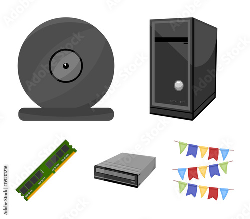 System unit, memory card and other equipment. Personal computer set collection icons in cartoon style vector symbol stock illustration web.