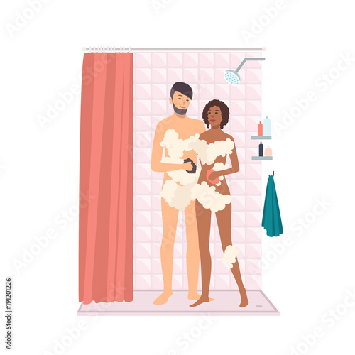 Pair of smiling man and woman taking shower together. Male and female cartoon...