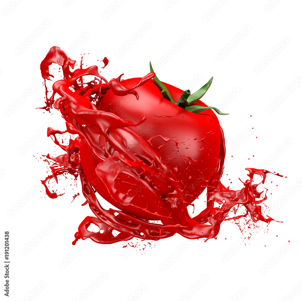 Beautiful red background with isolated tomato and splash of juice, tomato paste, ketchup, sauce. 3d illustration, 3d rendering. Beautiful red background with isolated tomato and splash of juice, tomato paste, ketchup, sauce. 3d illustration, 3d rendering.