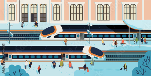Trains stopped against railway station building on background, people walking and waiting on platform covered by snow. Passenger rail transport, railroad transportation. Hand drawn vector illustration