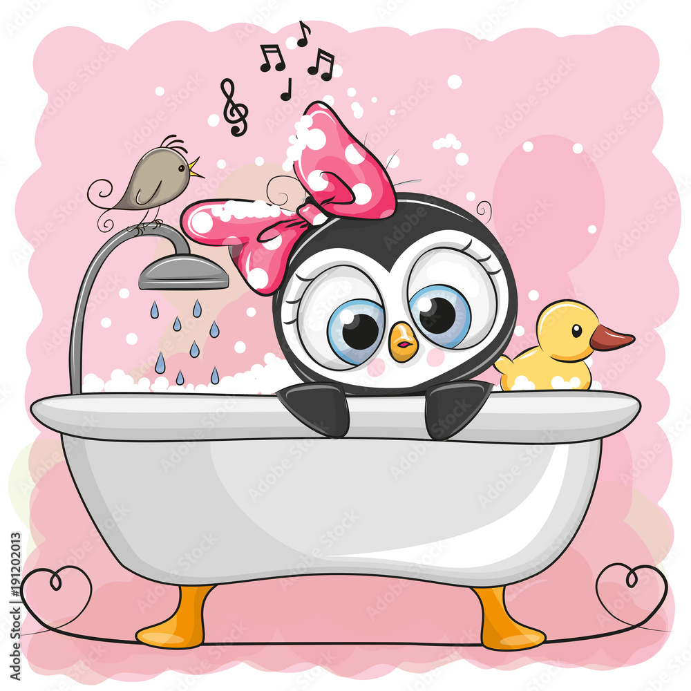 Fototapeta premium Cute cartoon Penguin girl in the bathroom