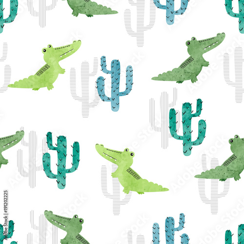 Seamless watercolor crocodi...