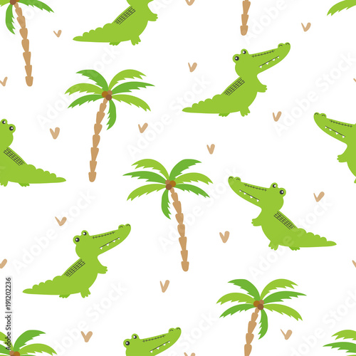 Seamless cartoon crocodiles pattern. Vector background with alligators and palms for kids design.