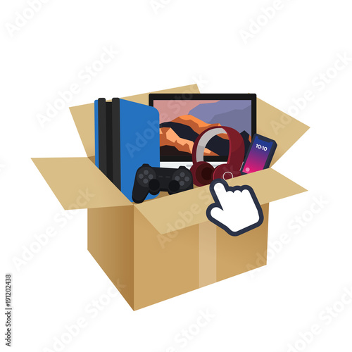 Gadget  technology game, smartphone, headphone, computer  in box from online shopping and cursor. Vector illustration