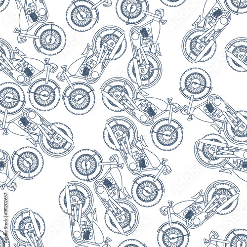 Hand Drawn Vintage Motorcycle Seamless Pattern Background. Vector