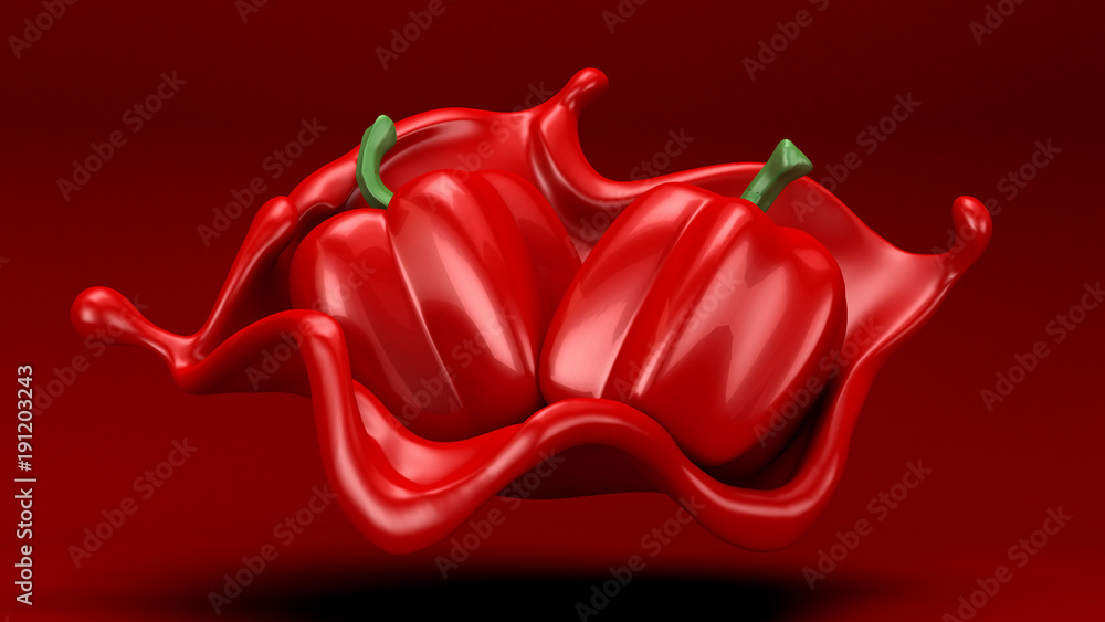 Fototapeta premium Red background with splash and pepper. 3d illustration, 3d rendering.