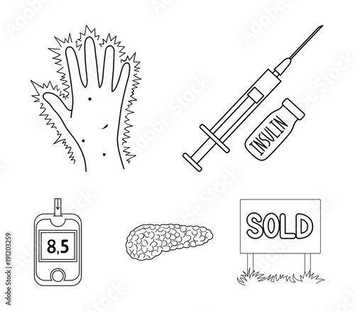 Syringe with insulin, pancreas, glucometer, hand diabetic. Diabet set collection icons in outline style vector symbol stock illustration web.