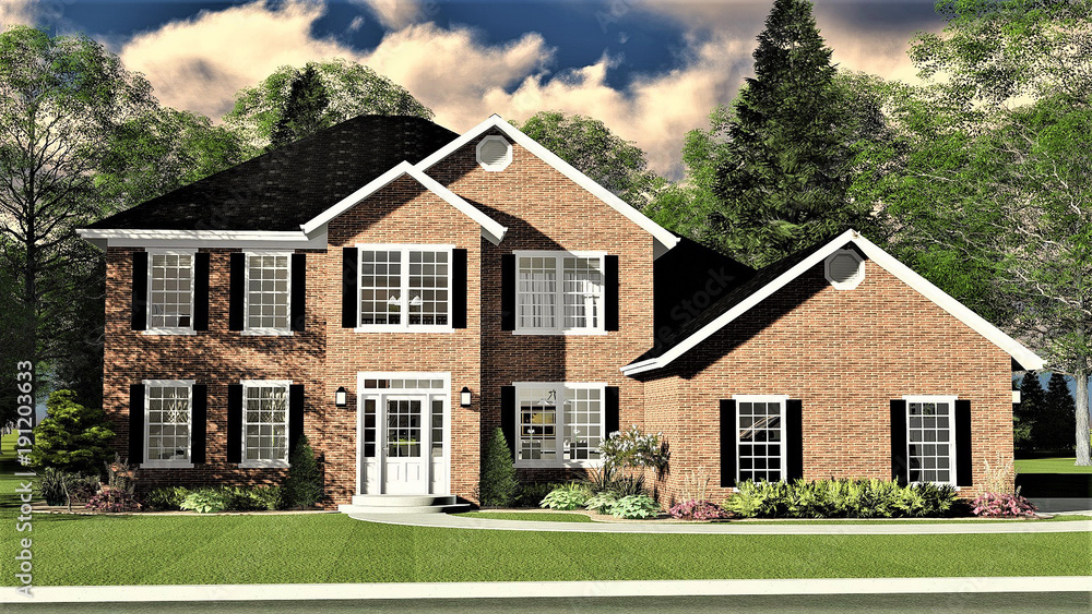 3D Illustration of Two Story Brick Home